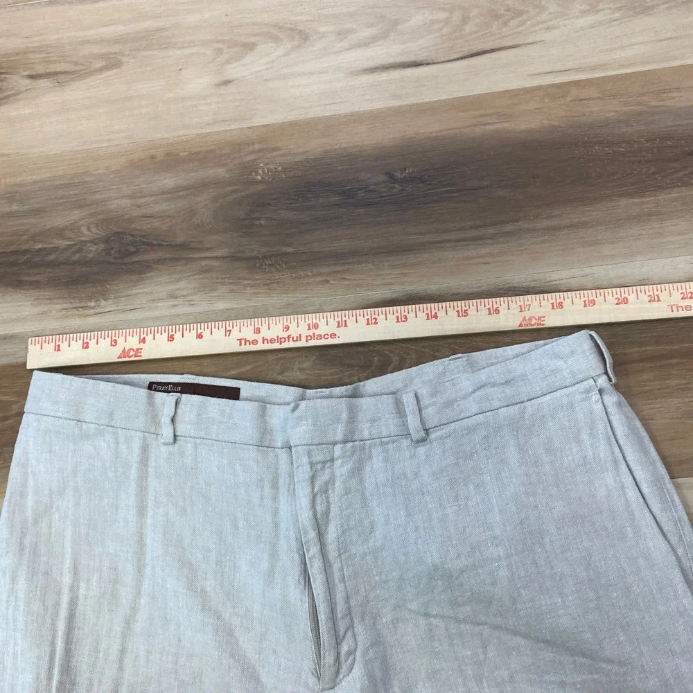 Perry Ellis Trousers 38/30 Linen Cotton Herringbone Straight Leg Beige Tan